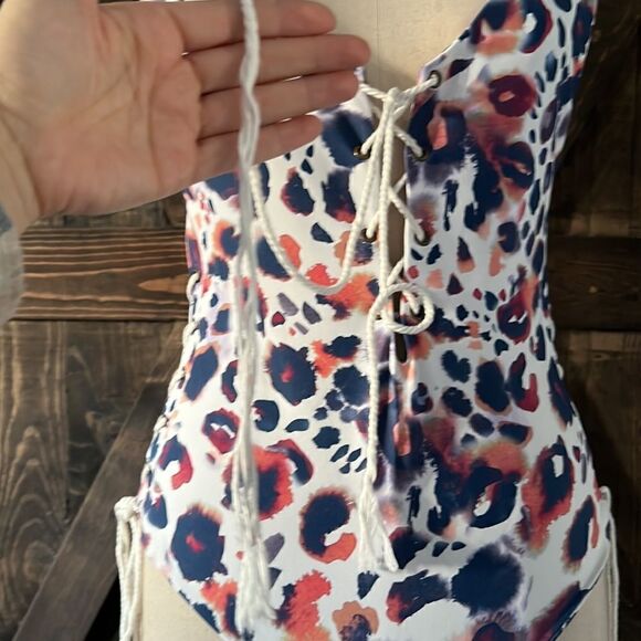 Aila Blue swimsuit with lace up tie side waist and front Sz- Medium - Picture 7 of 7